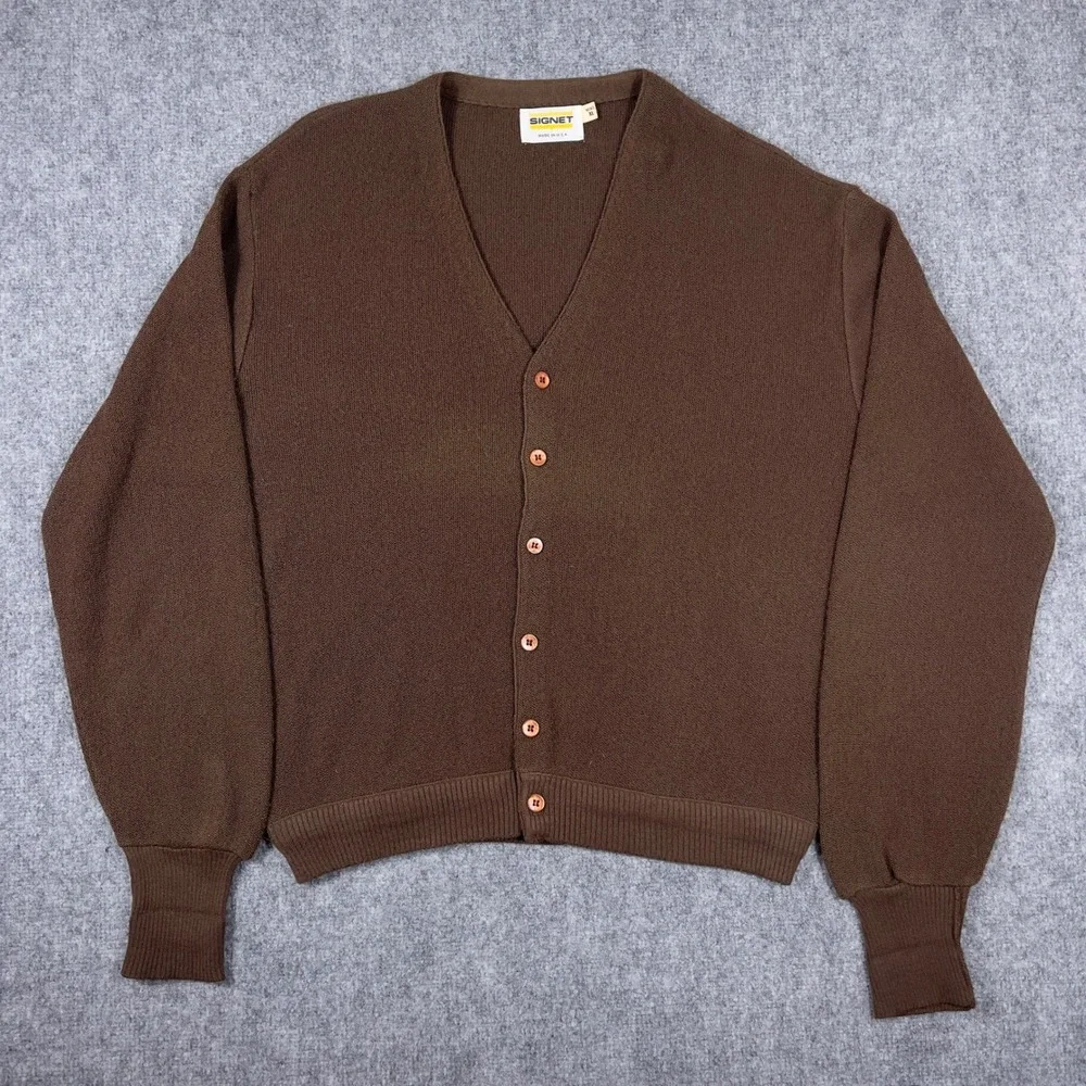 Vintage Signet Cardigan Sweater Mens XL Brown Knit Made in USA Button Up
